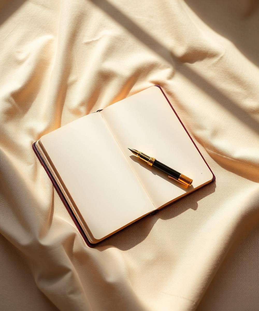 An open notebook and pen on warm cream linen